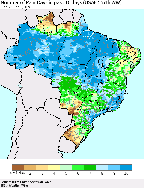 Brazil Number of Rain Days in past 10 days (USAF 557th WW) Thematic Map For 2/1/2024 - 2/5/2024