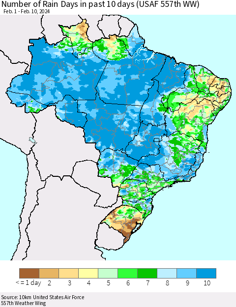 Brazil Number of Rain Days in past 10 days (USAF 557th WW) Thematic Map For 2/6/2024 - 2/10/2024