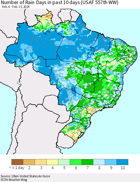 Brazil Number of Rain Days in past 10 days (USAF 557th WW) Thematic Map For 2/11/2024 - 2/15/2024
