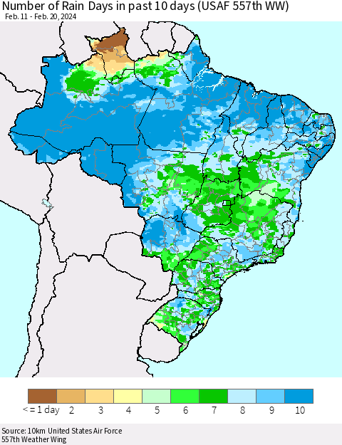 Brazil Number of Rain Days in past 10 days (USAF 557th WW) Thematic Map For 2/16/2024 - 2/20/2024