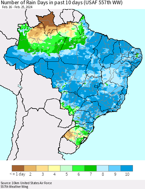 Brazil Number of Rain Days in past 10 days (USAF 557th WW) Thematic Map For 2/21/2024 - 2/25/2024