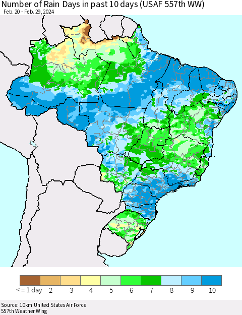 Brazil Number of Rain Days in past 10 days (USAF 557th WW) Thematic Map For 2/26/2024 - 2/29/2024