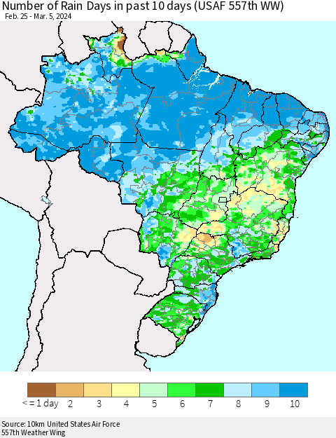 Brazil Number of Rain Days in past 10 days (USAF 557th WW) Thematic Map For 3/1/2024 - 3/5/2024