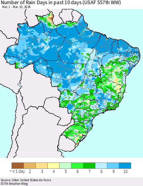 Brazil Number of Rain Days in past 10 days (USAF 557th WW) Thematic Map For 3/6/2024 - 3/10/2024