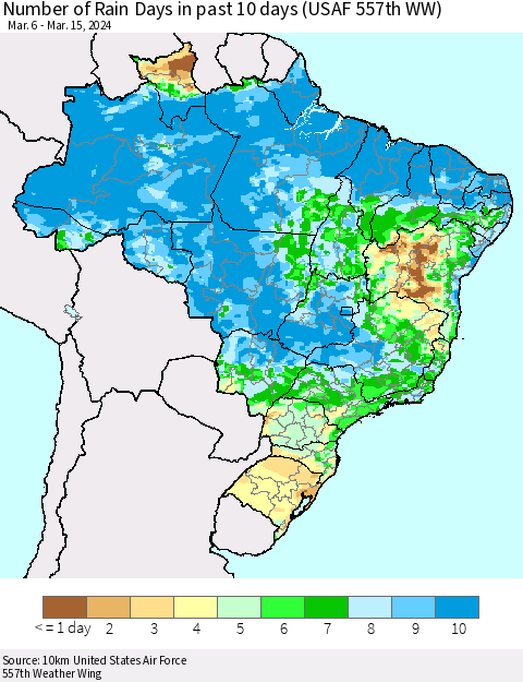 Brazil Number of Rain Days in past 10 days (USAF 557th WW) Thematic Map For 3/11/2024 - 3/15/2024