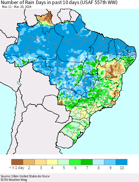 Brazil Number of Rain Days in past 10 days (USAF 557th WW) Thematic Map For 3/16/2024 - 3/20/2024