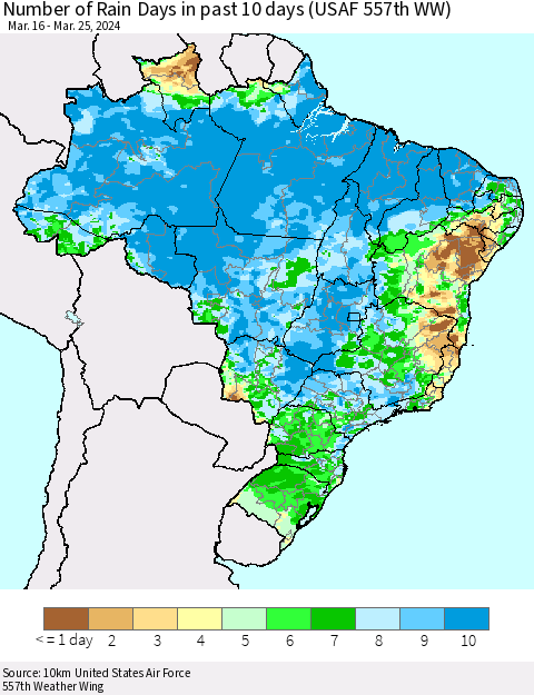 Brazil Number of Rain Days in past 10 days (USAF 557th WW) Thematic Map For 3/21/2024 - 3/25/2024