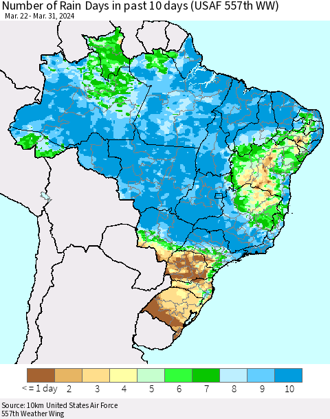 Brazil Number of Rain Days in past 10 days (USAF 557th WW) Thematic Map For 3/26/2024 - 3/31/2024