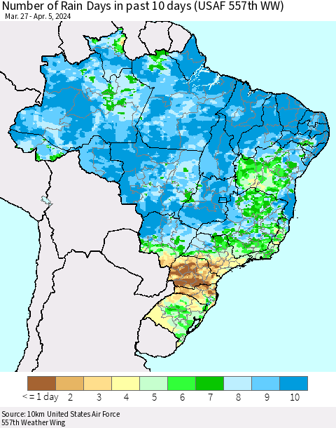 Brazil Number of Rain Days in past 10 days (USAF 557th WW) Thematic Map For 4/1/2024 - 4/5/2024