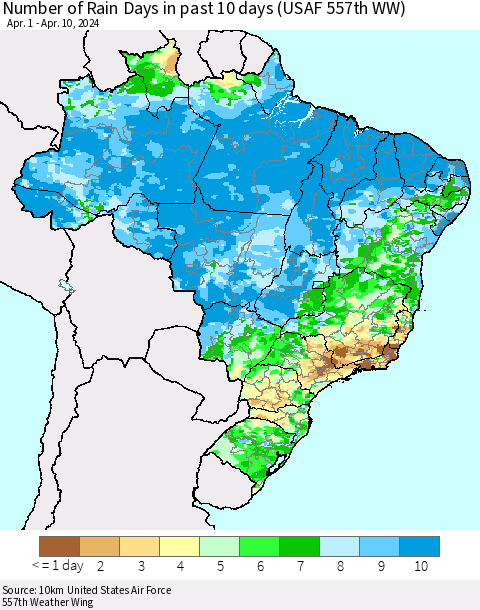 Brazil Number of Rain Days in past 10 days (USAF 557th WW) Thematic Map For 4/6/2024 - 4/10/2024