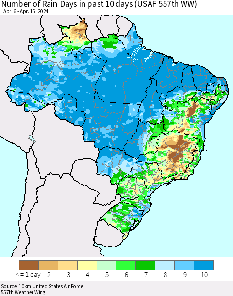 Brazil Number of Rain Days in past 10 days (USAF 557th WW) Thematic Map For 4/11/2024 - 4/15/2024