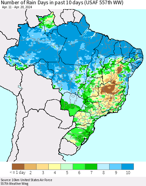 Brazil Number of Rain Days in past 10 days (USAF 557th WW) Thematic Map For 4/16/2024 - 4/20/2024