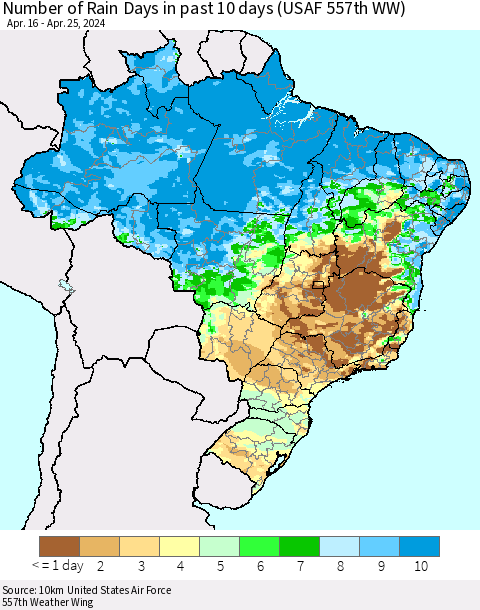 Brazil Number of Rain Days in past 10 days (USAF 557th WW) Thematic Map For 4/21/2024 - 4/25/2024
