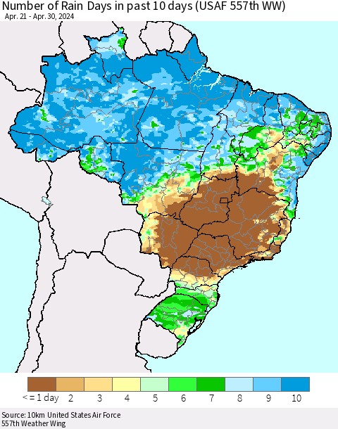 Brazil Number of Rain Days in past 10 days (USAF 557th WW) Thematic Map For 4/26/2024 - 4/30/2024