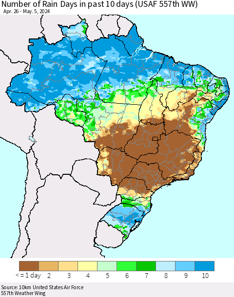 Brazil Number of Rain Days in past 10 days (USAF 557th WW) Thematic Map For 5/1/2024 - 5/5/2024