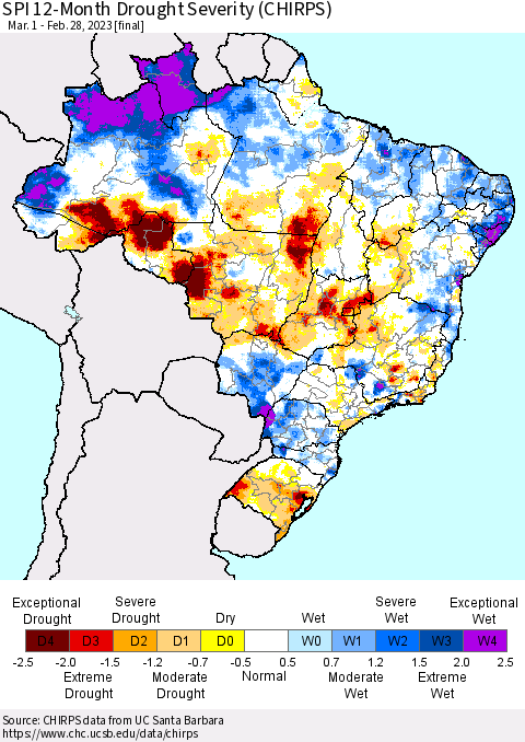 Brazil SPI 12-Month Drought Severity (CHIRPS) Thematic Map For 3/1/2022 - 2/28/2023