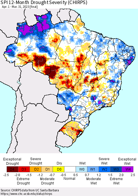 Brazil SPI 12-Month Drought Severity (CHIRPS) Thematic Map For 4/1/2022 - 3/31/2023