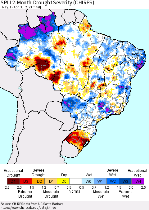 Brazil SPI 12-Month Drought Severity (CHIRPS) Thematic Map For 5/1/2022 - 4/30/2023