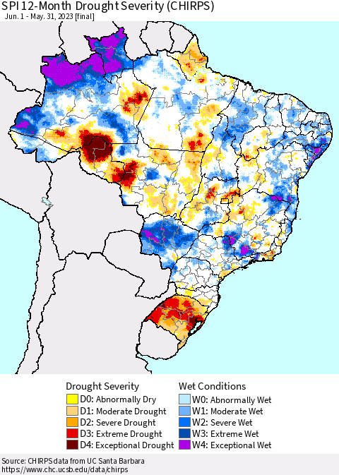 Brazil SPI 12-Month Drought Severity (CHIRPS) Thematic Map For 6/1/2022 - 5/31/2023