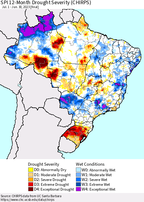Brazil SPI 12-Month Drought Severity (CHIRPS) Thematic Map For 7/1/2022 - 6/30/2023