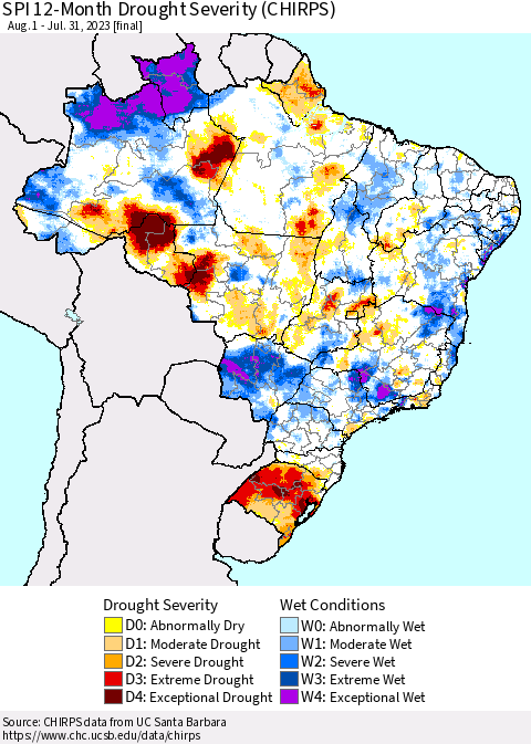 Brazil SPI 12-Month Drought Severity (CHIRPS) Thematic Map For 8/1/2022 - 7/31/2023