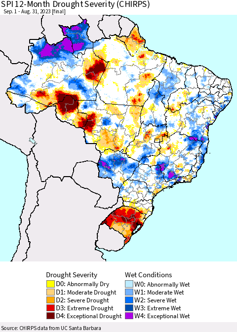 Brazil SPI 12-Month Drought Severity (CHIRPS) Thematic Map For 9/1/2022 - 8/31/2023