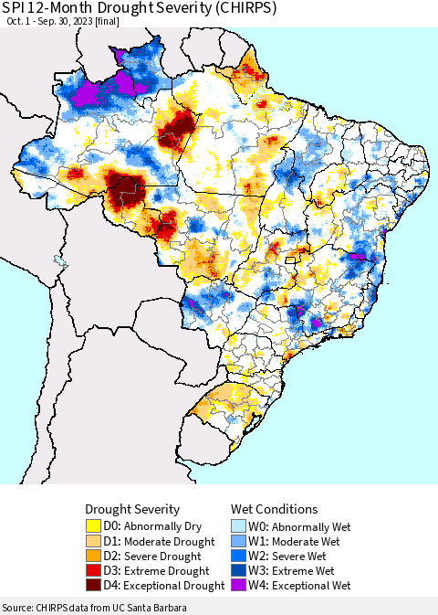 Brazil SPI 12-Month Drought Severity (CHIRPS) Thematic Map For 10/1/2022 - 9/30/2023