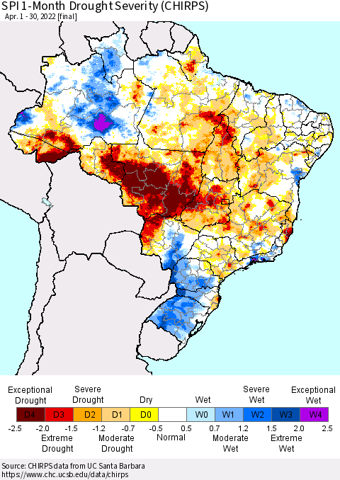 Brazil SPI 1-Month Drought Severity (CHIRPS) Thematic Map For 4/1/2022 - 4/30/2022
