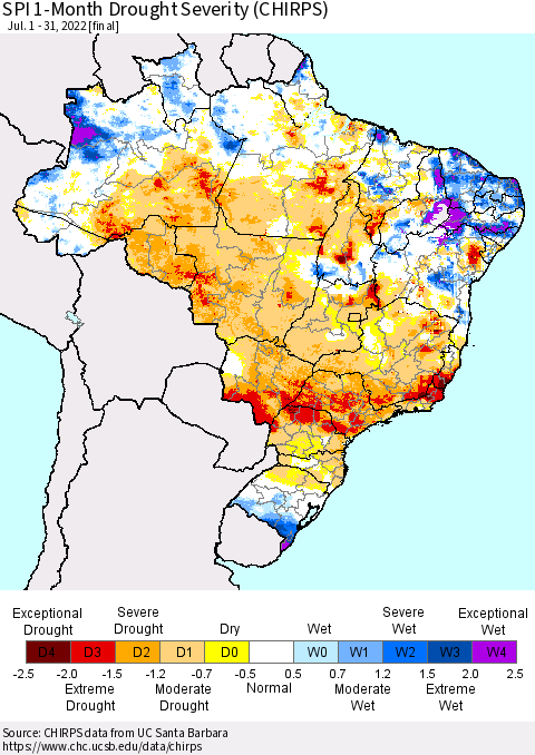Brazil SPI 1-Month Drought Severity (CHIRPS) Thematic Map For 7/1/2022 - 7/31/2022