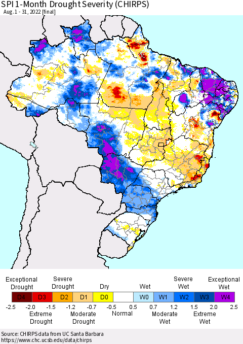 Brazil SPI 1-Month Drought Severity (CHIRPS) Thematic Map For 8/1/2022 - 8/31/2022