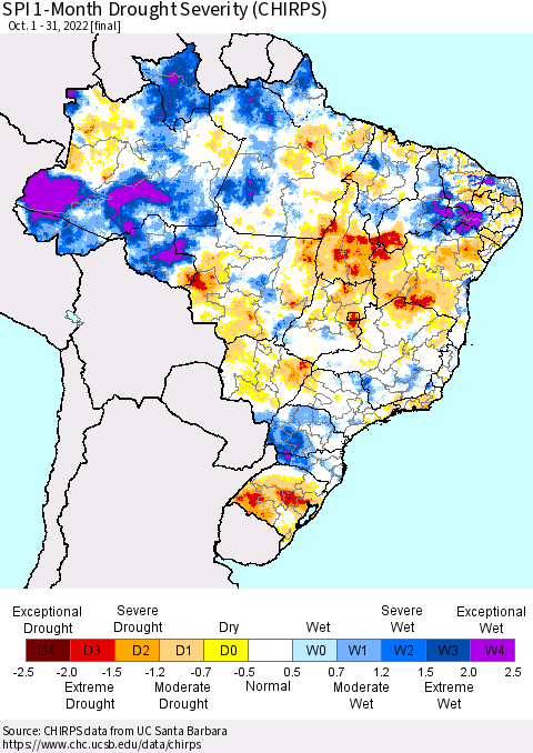 Brazil SPI 1-Month Drought Severity (CHIRPS) Thematic Map For 10/1/2022 - 10/31/2022