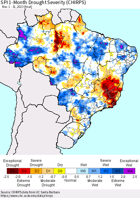 Brazil SPI 1-Month Drought Severity (CHIRPS) Thematic Map For 3/1/2023 - 3/31/2023
