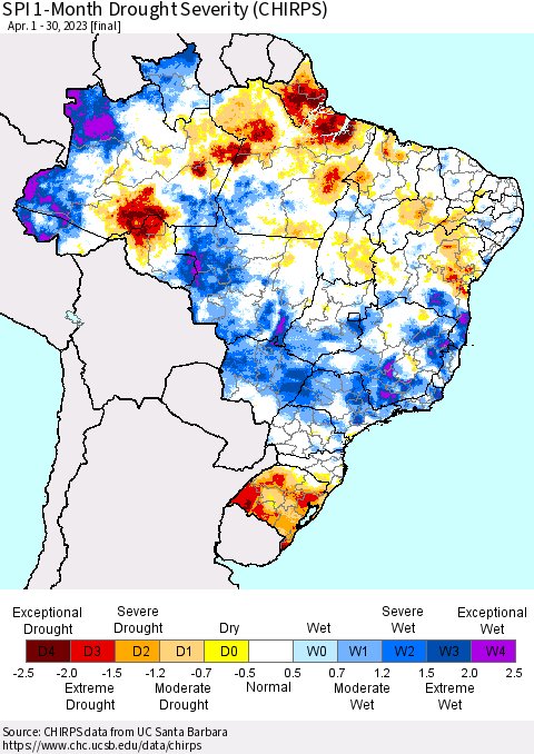 Brazil SPI 1-Month Drought Severity (CHIRPS) Thematic Map For 4/1/2023 - 4/30/2023