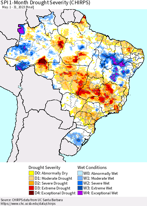 Brazil SPI 1-Month Drought Severity (CHIRPS) Thematic Map For 5/1/2023 - 5/31/2023