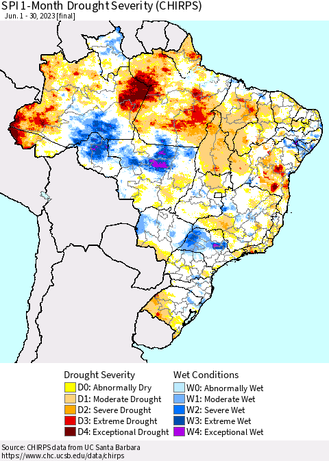Brazil SPI 1-Month Drought Severity (CHIRPS) Thematic Map For 6/1/2023 - 6/30/2023