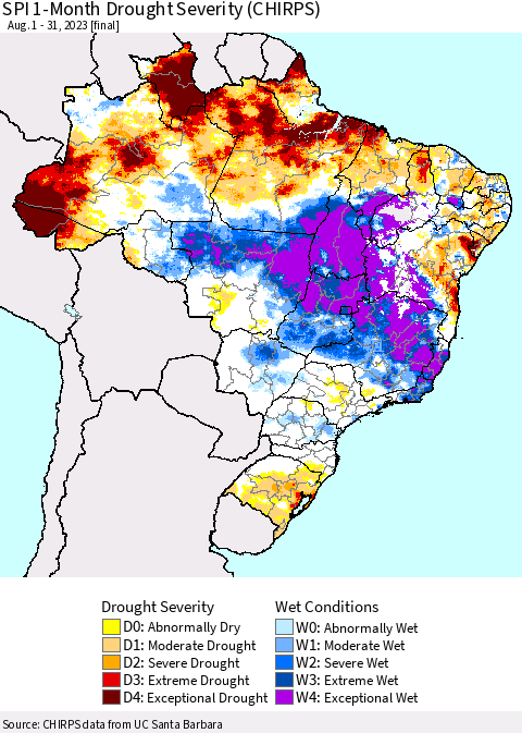 Brazil SPI 1-Month Drought Severity (CHIRPS) Thematic Map For 8/1/2023 - 8/31/2023