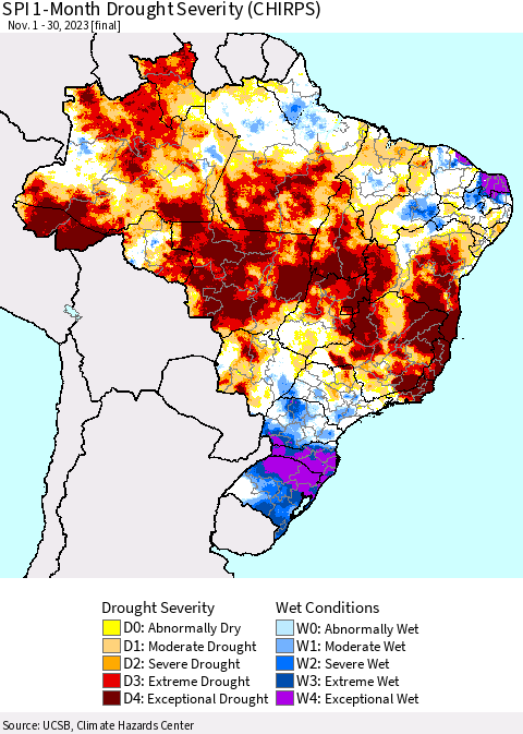 Brazil SPI 1-Month Drought Severity (CHIRPS) Thematic Map For 11/1/2023 - 11/30/2023