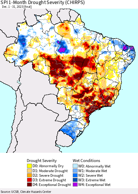 Brazil SPI 1-Month Drought Severity (CHIRPS) Thematic Map For 12/1/2023 - 12/31/2023