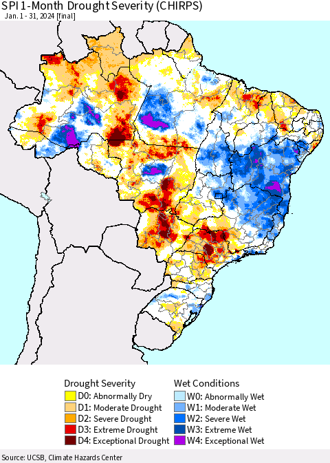 Brazil SPI 1-Month Drought Severity (CHIRPS) Thematic Map For 1/1/2024 - 1/31/2024