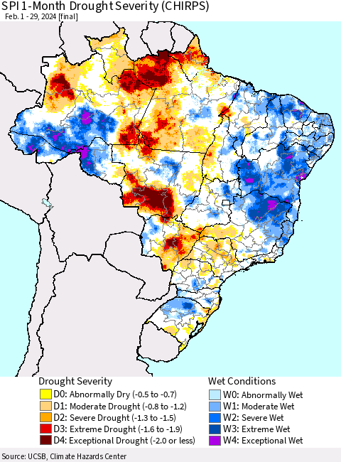 Brazil SPI 1-Month Drought Severity (CHIRPS) Thematic Map For 2/1/2024 - 2/29/2024