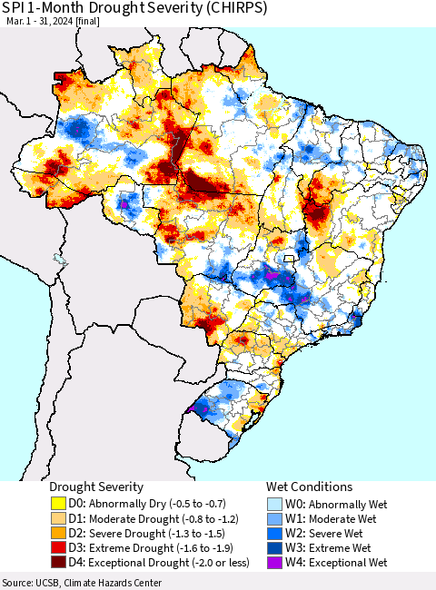 Brazil SPI 1-Month Drought Severity (CHIRPS) Thematic Map For 3/1/2024 - 3/31/2024