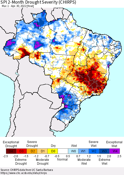 Brazil SPI 2-Month Drought Severity (CHIRPS) Thematic Map For 3/1/2022 - 4/30/2022