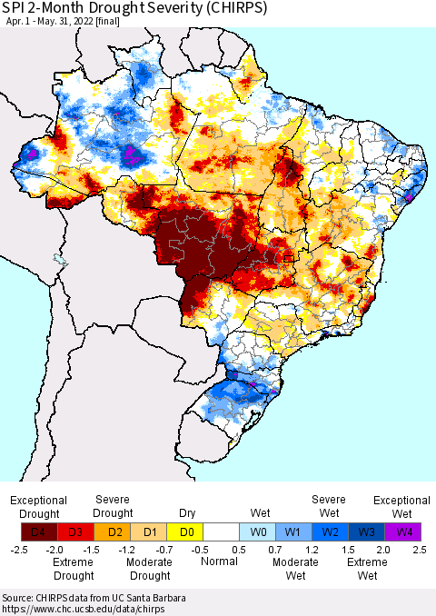 Brazil SPI 2-Month Drought Severity (CHIRPS) Thematic Map For 4/1/2022 - 5/31/2022