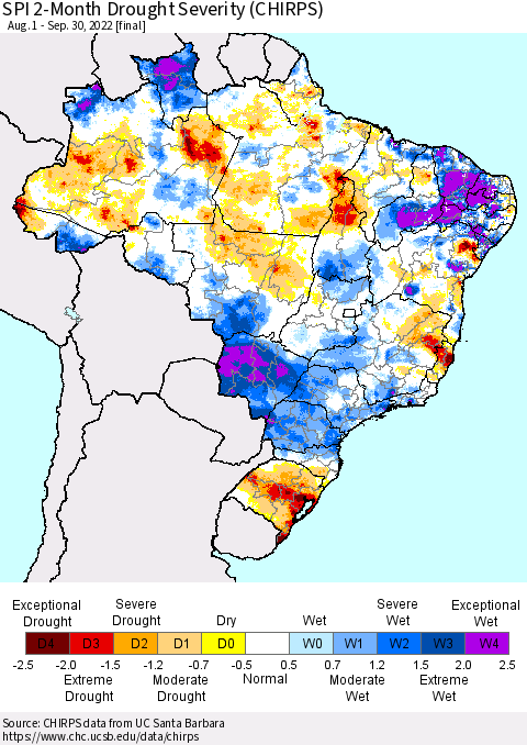 Brazil SPI 2-Month Drought Severity (CHIRPS) Thematic Map For 8/1/2022 - 9/30/2022