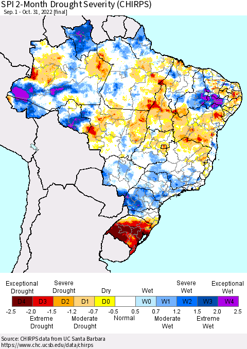 Brazil SPI 2-Month Drought Severity (CHIRPS) Thematic Map For 9/1/2022 - 10/31/2022