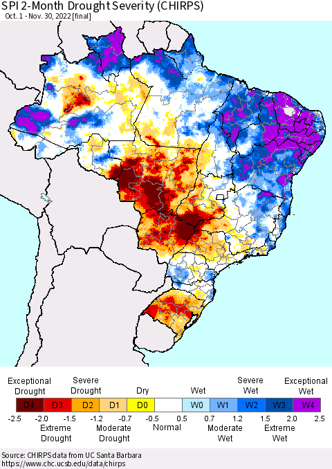 Brazil SPI 2-Month Drought Severity (CHIRPS) Thematic Map For 10/1/2022 - 11/30/2022