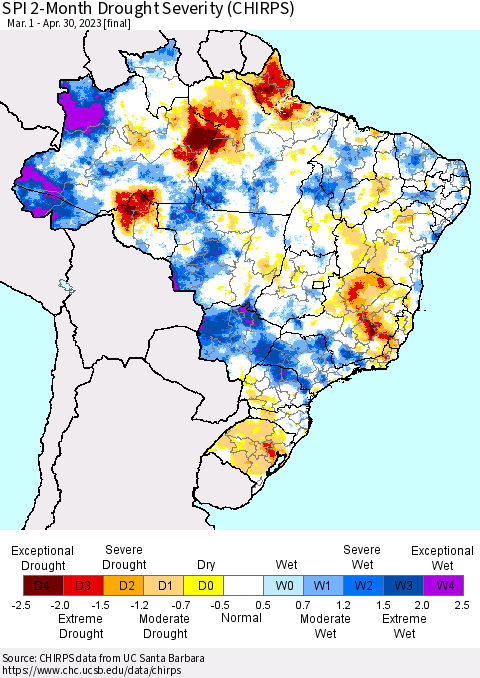 Brazil SPI 2-Month Drought Severity (CHIRPS) Thematic Map For 3/1/2023 - 4/30/2023