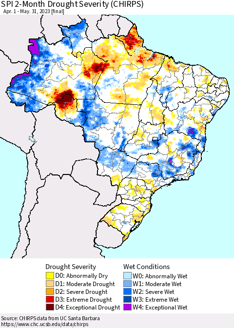 Brazil SPI 2-Month Drought Severity (CHIRPS) Thematic Map For 4/1/2023 - 5/31/2023