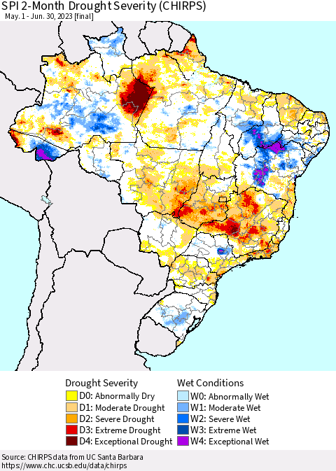 Brazil SPI 2-Month Drought Severity (CHIRPS) Thematic Map For 5/1/2023 - 6/30/2023