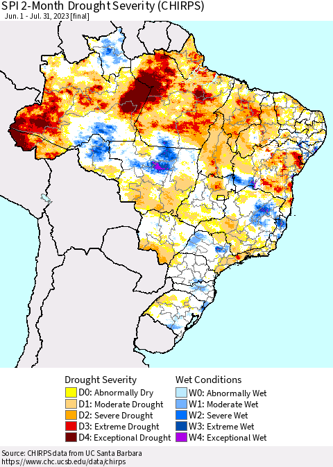 Brazil SPI 2-Month Drought Severity (CHIRPS) Thematic Map For 6/1/2023 - 7/31/2023